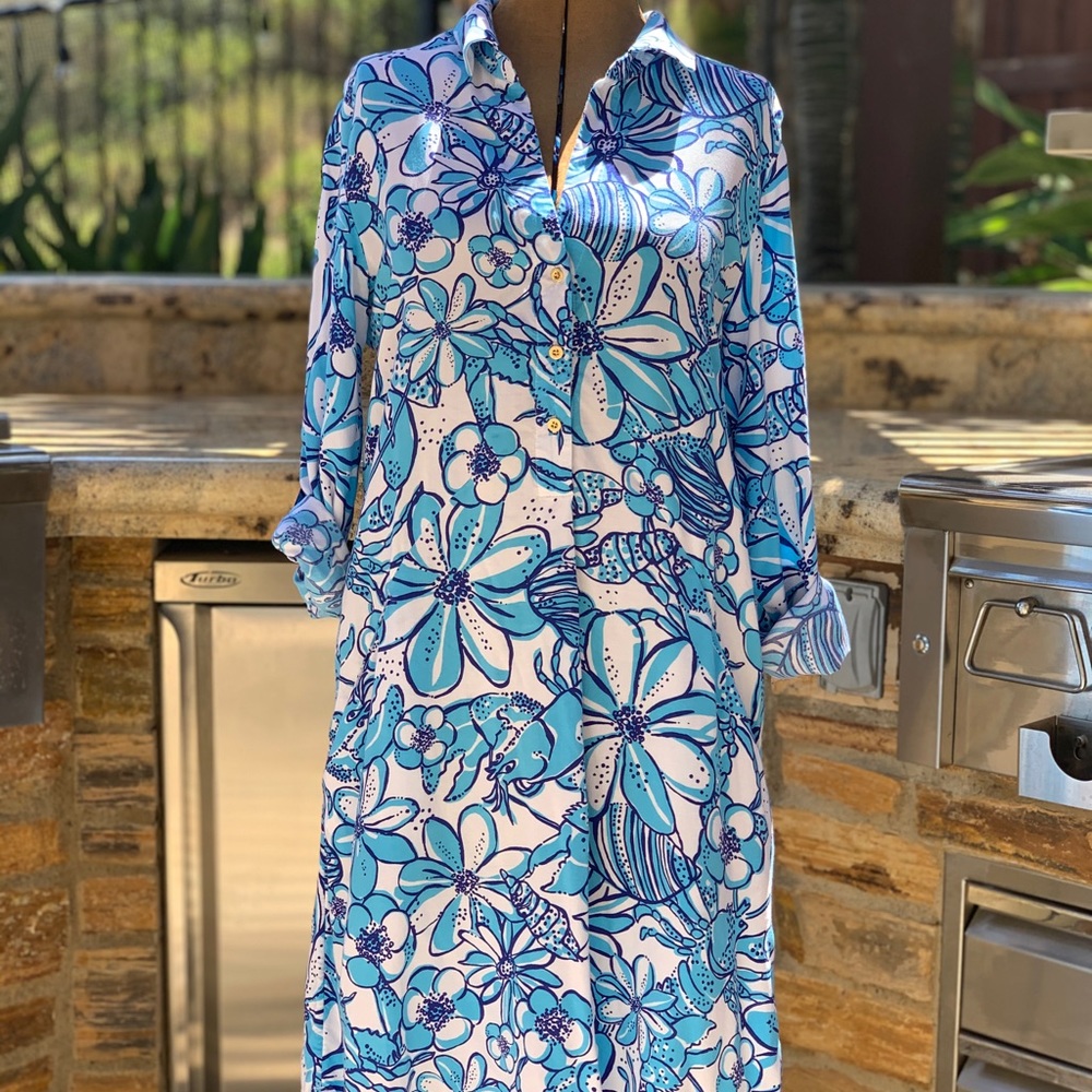 Lilly Pulitzer floral dress rolled sleeves XS